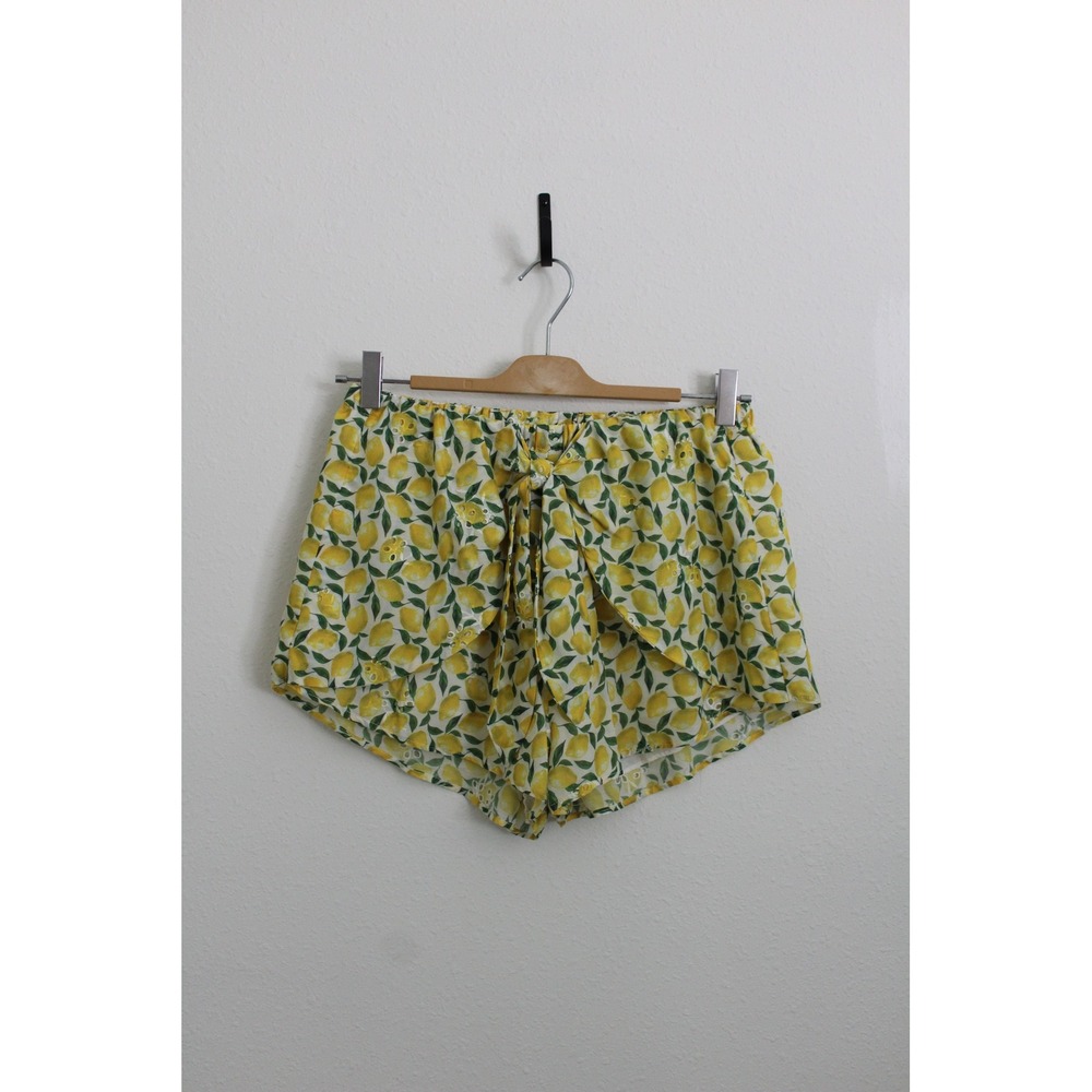 Gianni Bini Women's Lemon Print‎ Eyelet Wrap Front Shorts Yellow Green White M